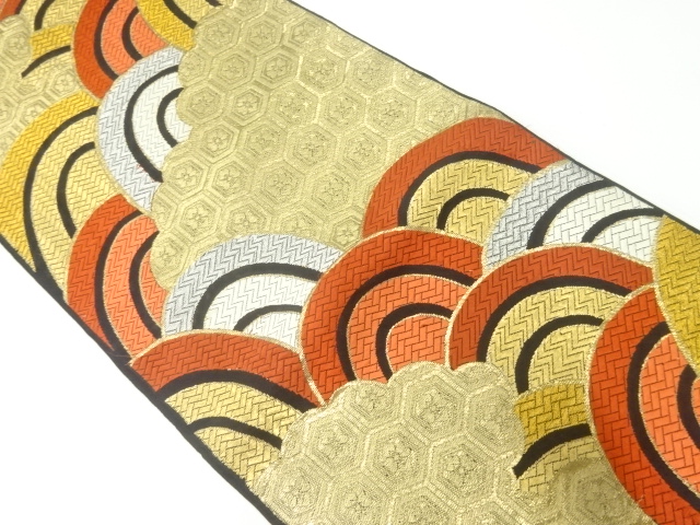 アンティーク　変わり青海波に花亀甲模様織出し袋帯（材料）